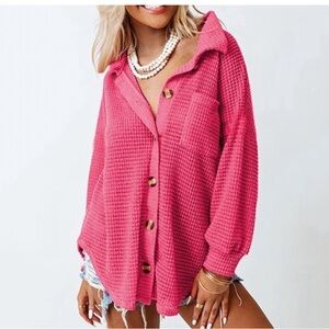 Women's Pink Waffle-Knit Button-Up